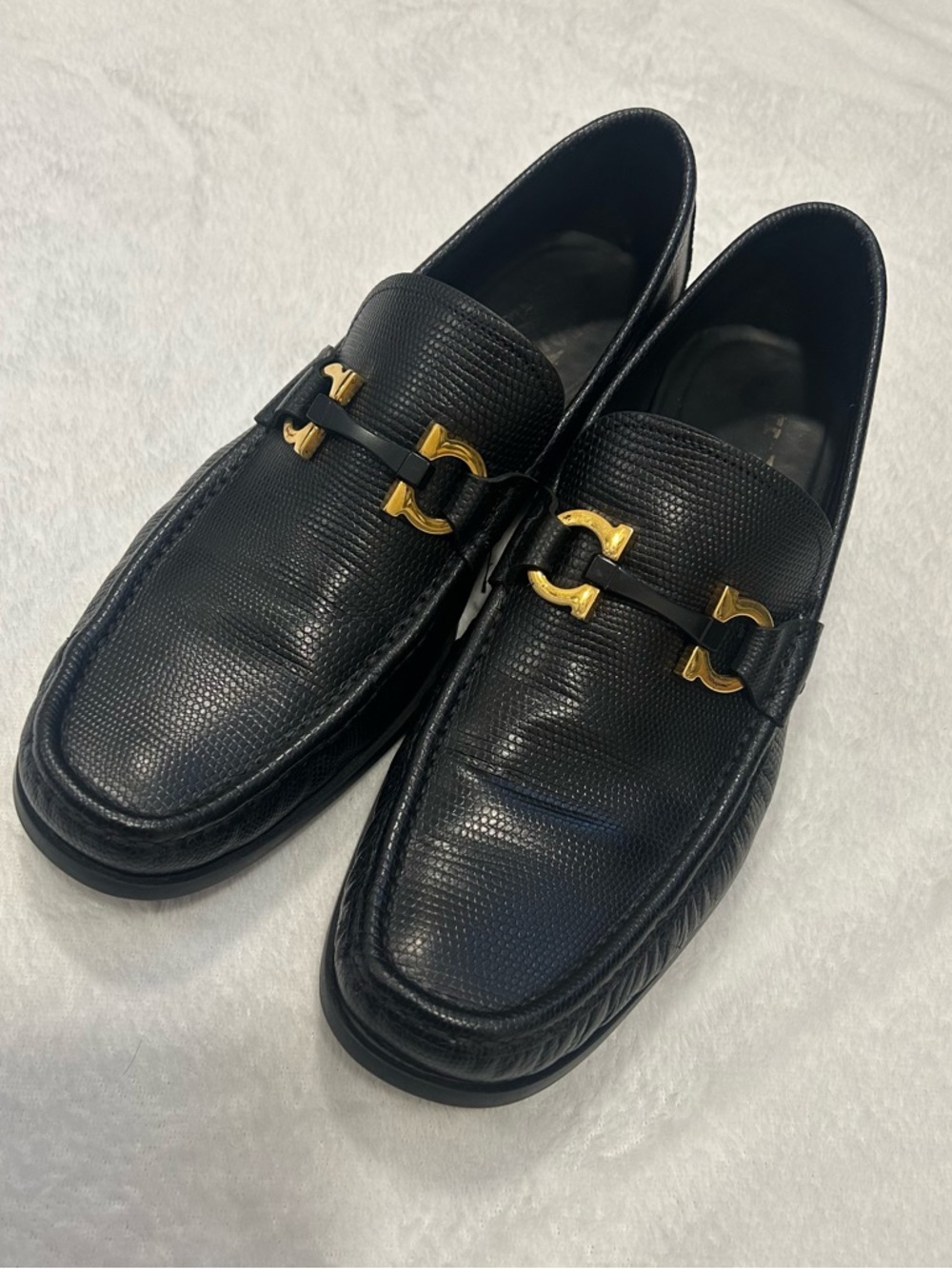 Salvatore Ferragamo Black Leather Loafers with Gold Horsebit